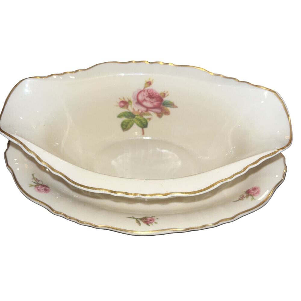 Antique Federal Syracuse China Victoria Gravy Boat Attached Tray Made‎ In USA